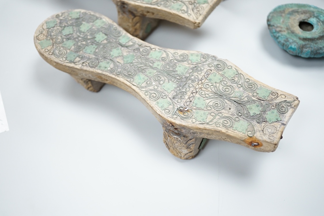A pair of Turkish bath shoes, a collection of African beads and Middle Eastern vessels etc.